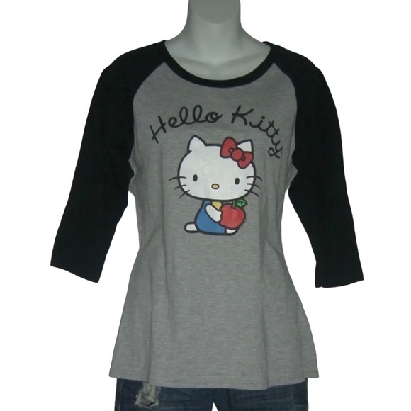 Sanrio Hello Kitty Raglan Gray Black y2k Style Kidcore Red Apple Port & Company - Picture 1 of 5